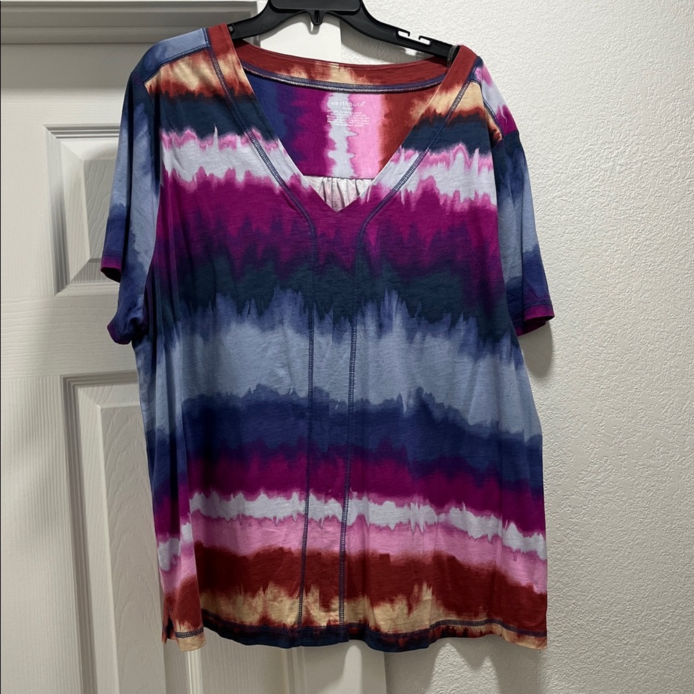 Westbound Women's Blue Pink Tie Dies V-Neck Top Size 3X - Picture 2 of 4